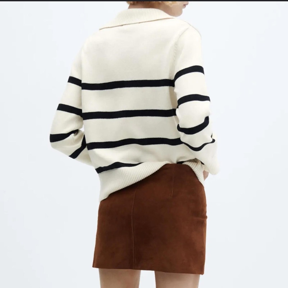 Mango Women's Cream and Black Striped V-Neck Sweater with Collar - Picture 4 of 7
